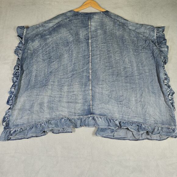 Three Bird Nest Robbie Chambray Ruffle Boho Cottage Prairie Denim Jacket Poncho - Picture 7 of 7